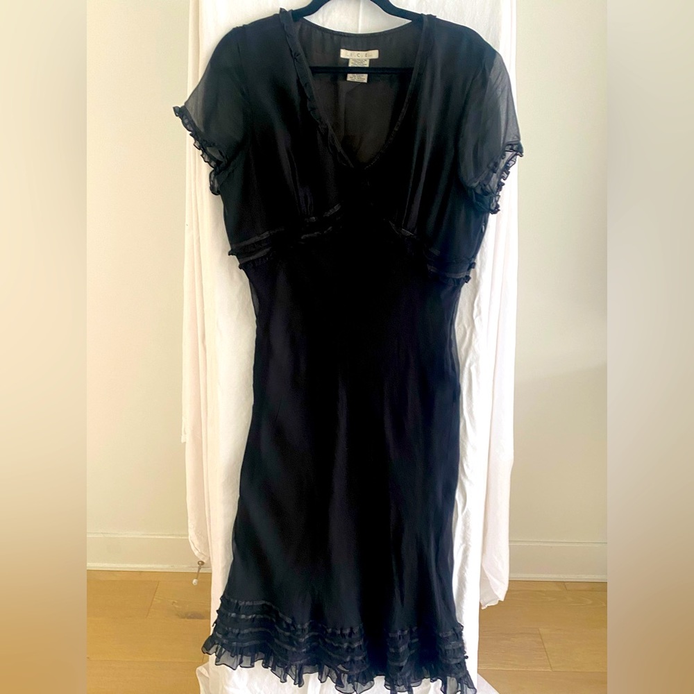 ICE black chiffon midi short sleeve dress. Size 14